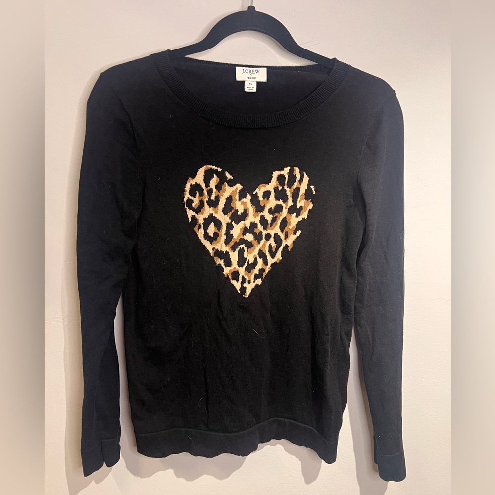 J. Crew Black Sweater with Leopard Heart Design